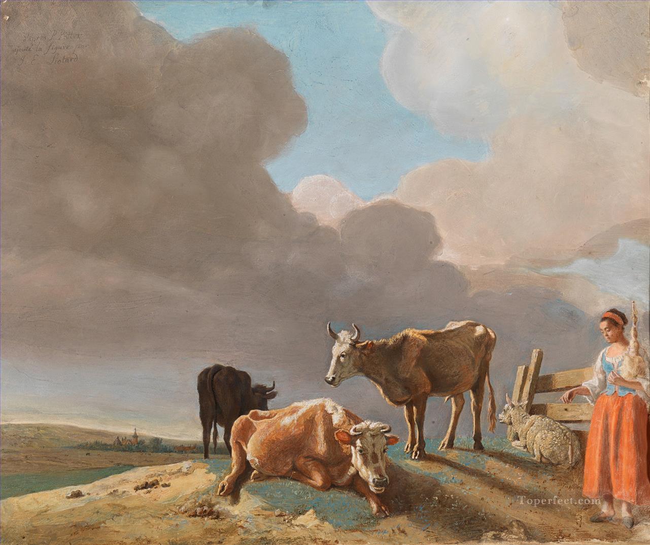 sifting the past landscape with cows sheep and shepherdess Oil Paintings